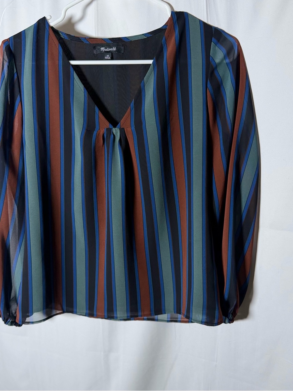 Madewell Striped V-Neck Long Sleeve Blouse - Blue, Green, Brown
